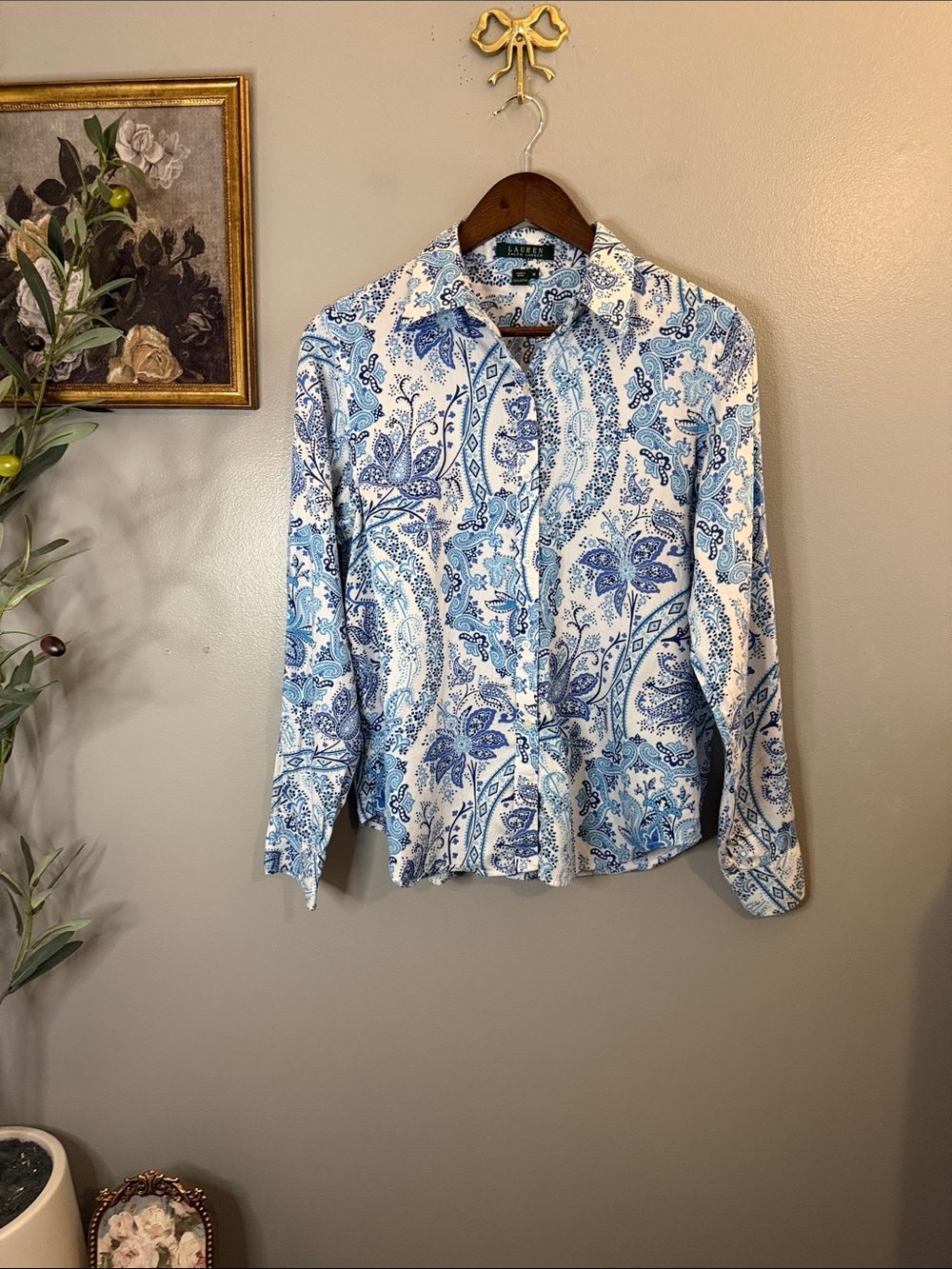 Lauren Ralph Lauren Paisley Button Down Shirt Blue White Cotton M - Picture 2 of 8